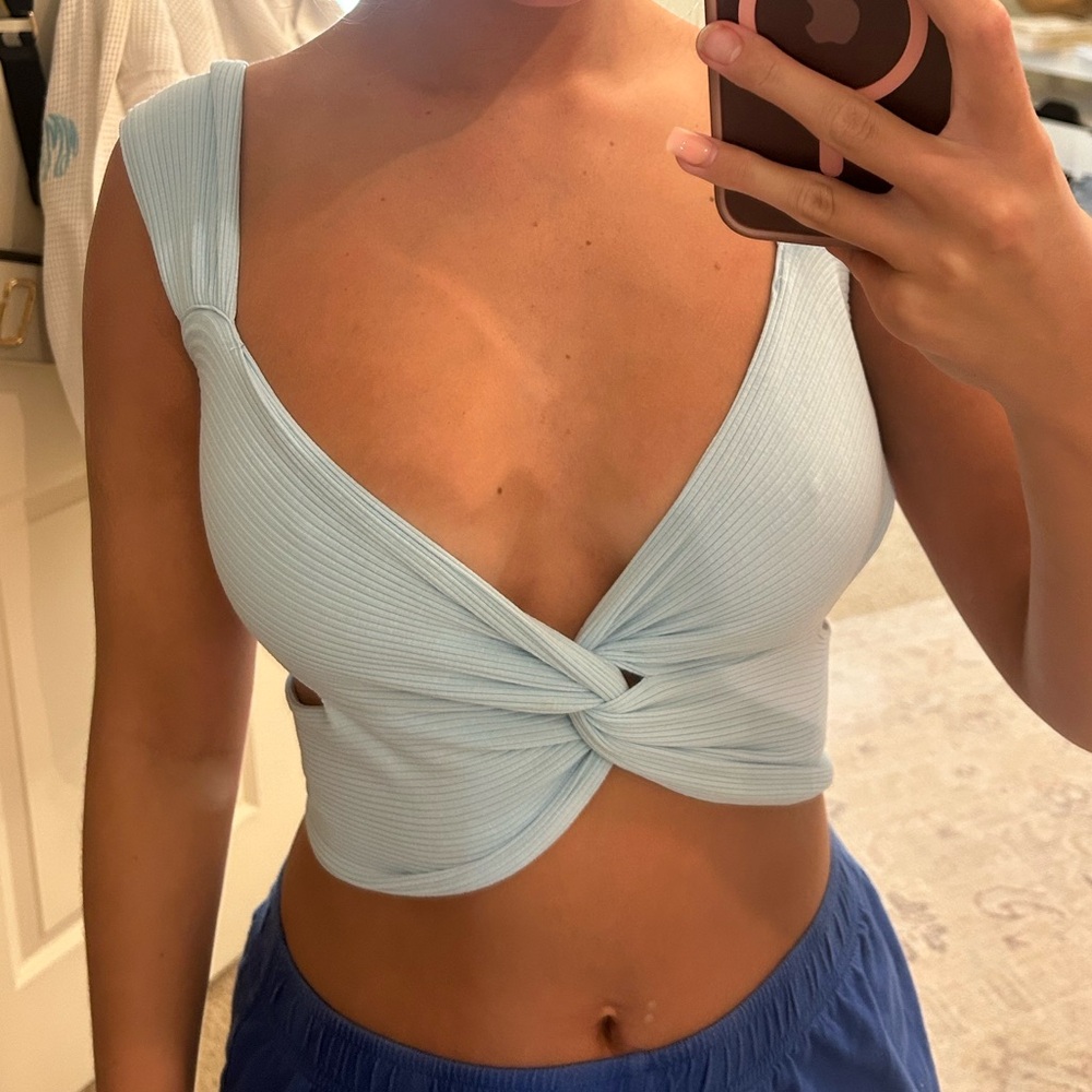 SHEIN twist front backless baby blue top